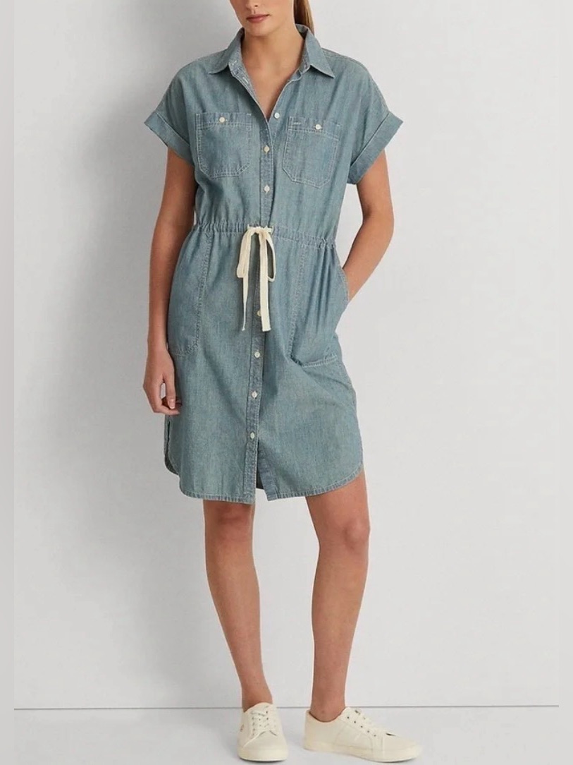 Ralph Lauren Light Denim Shirt Dress With Drawstring 100% Cotton Size 10 Petite